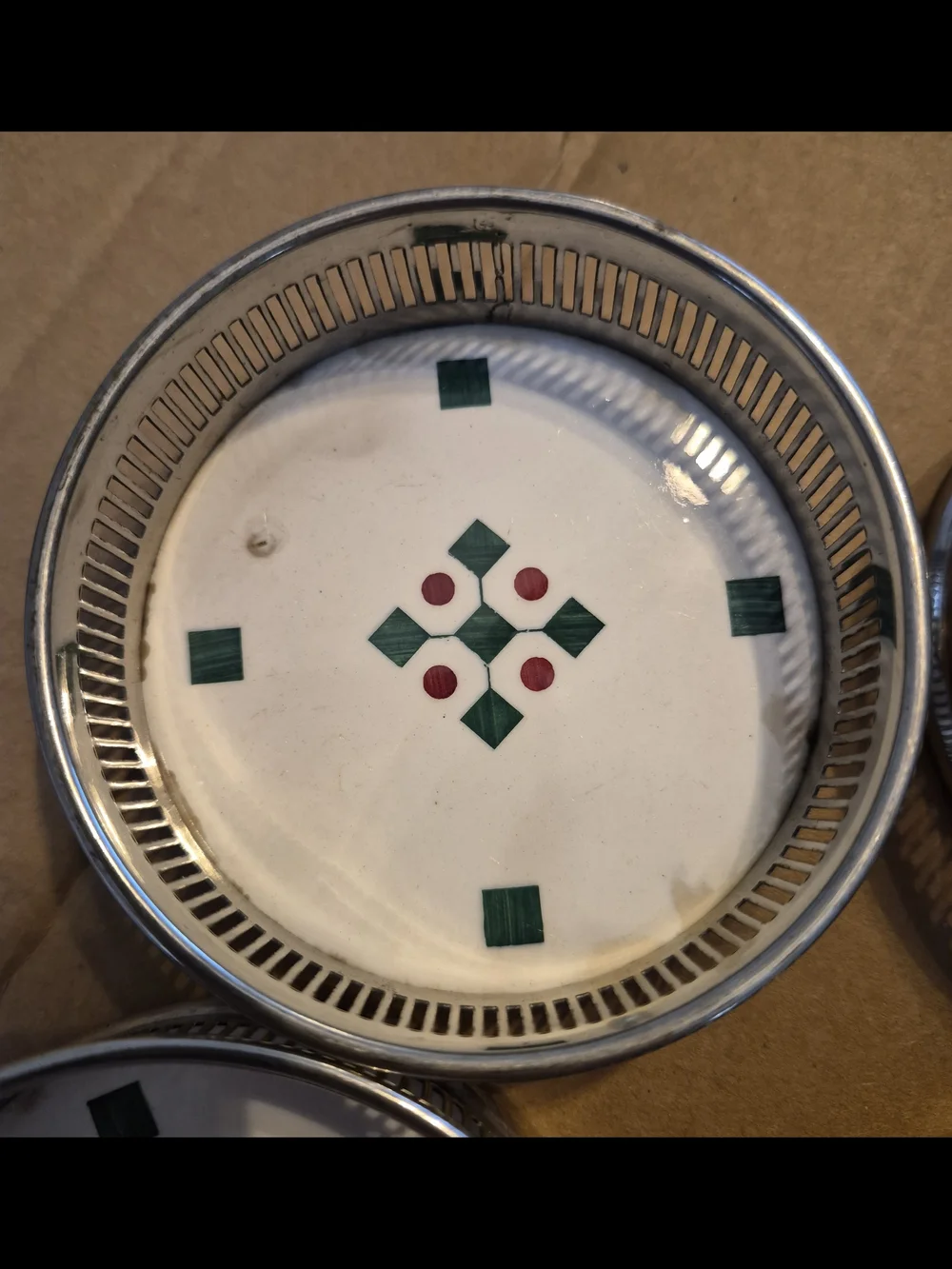 White Ceramic Coasters with Green and Red Inlay (Set of 6) From Silvers Brooklyn